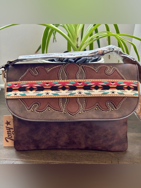 Tony Lama Handbags - Tony Lama Embroidered Aztec,snap close,zip interior,4 card slot,zip back